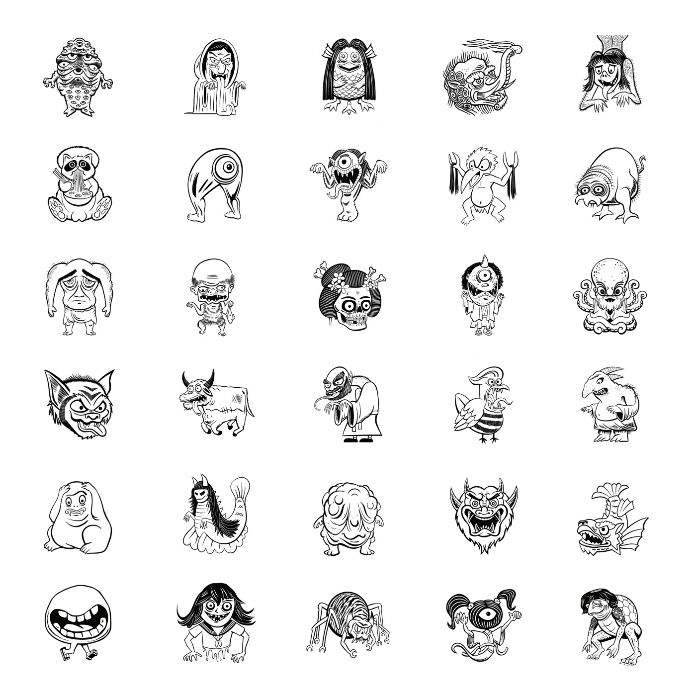 All 30 yōkai from the book in a six by five grid of black line drawings